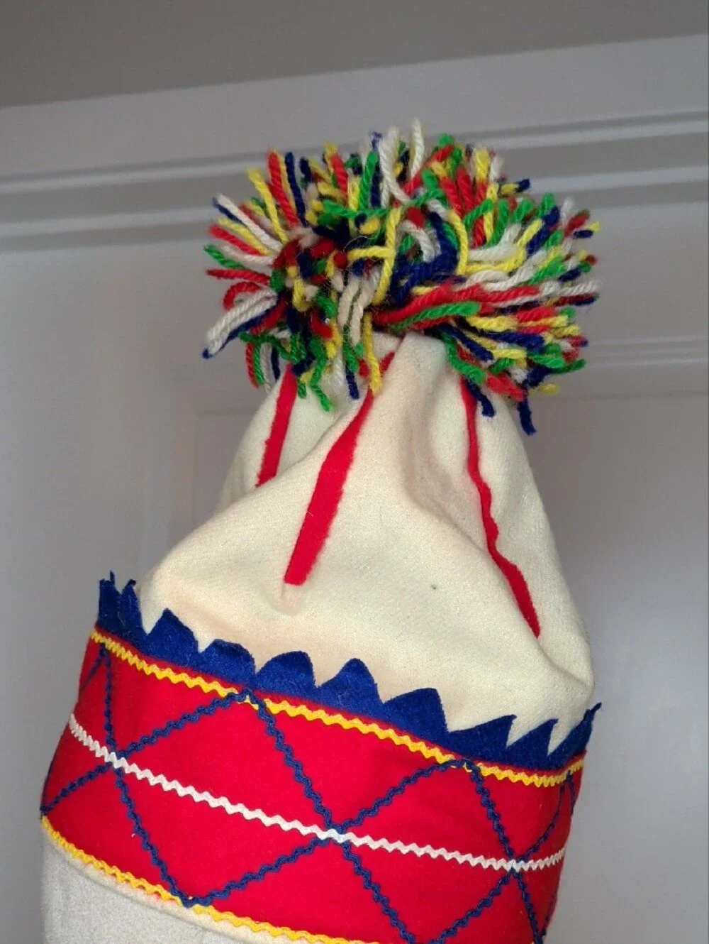 Vintage 60s Handmade Scandnavian Ski Cap Pom-pom Nordic Winter Wool  Sami Style